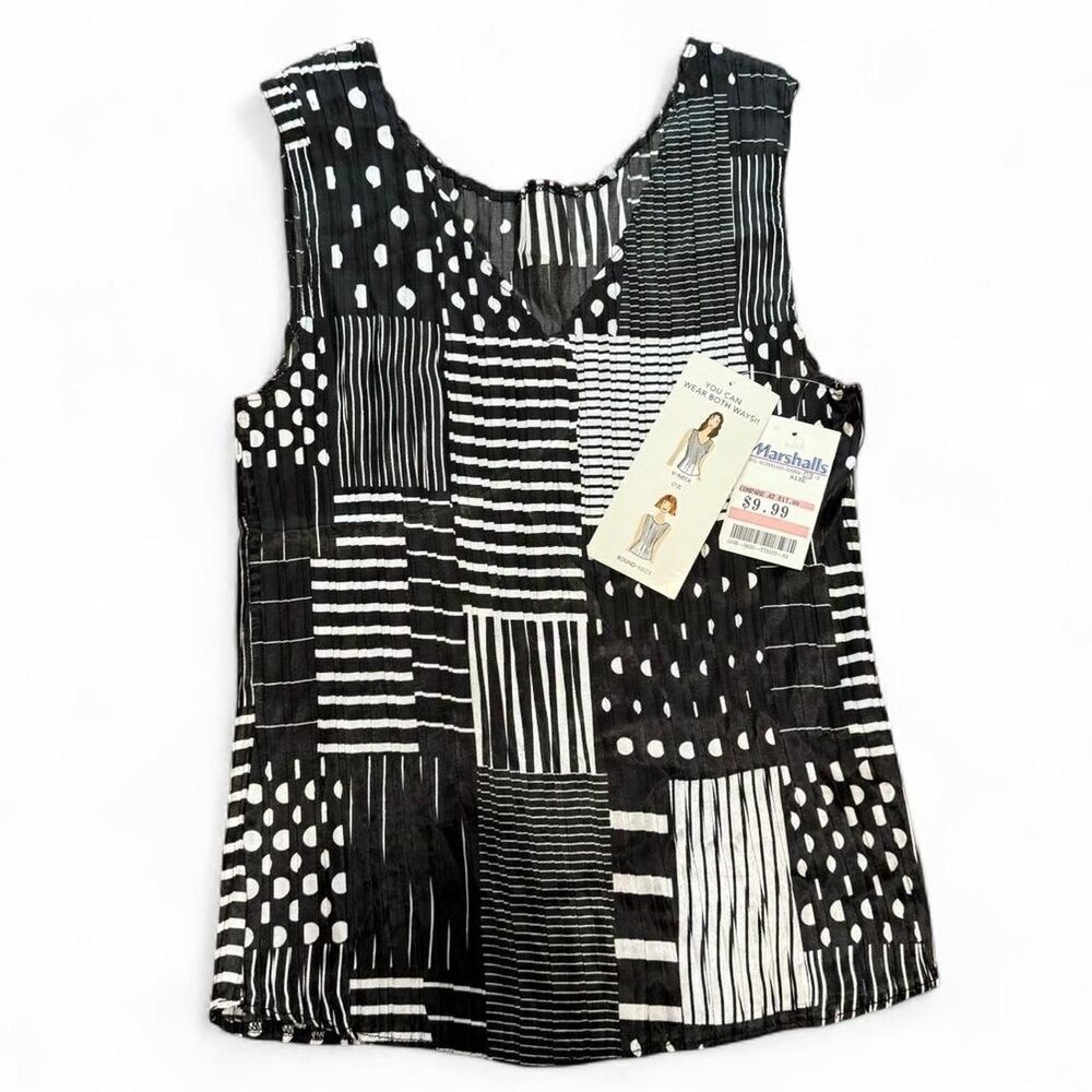 RARE VINTAGE NWT Doublesided Black White patchwork design pleated sleeveless top